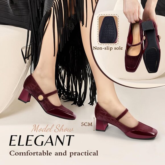 Women's Wine Square Toe Mary Jane Comfortable Closed Toe Chunky Block Heels - Picture 3 of 8